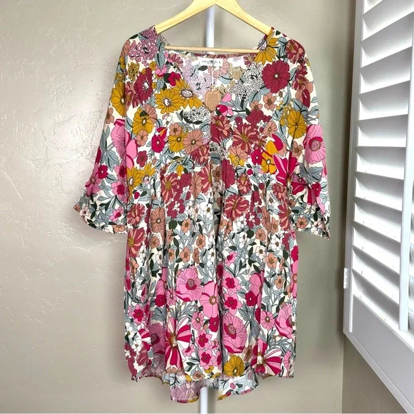NATURAL LIFE Stella Babydoll Mini Dress Large NWT Pink Floral Boho - Picture 4 of 10